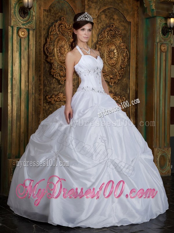 Halter Ball Gown for Beading White Quinceanera Dresses Gowns