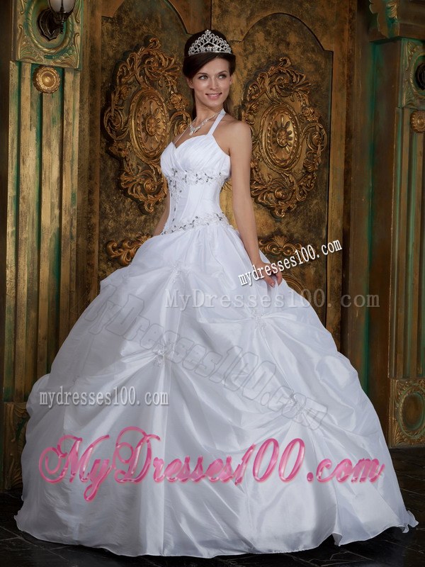 Halter Ball Gown for Beading White Quinceanera Dresses Gowns