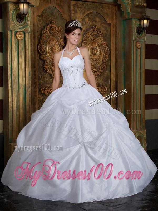 Halter Ball Gown for Beading White Quinceanera Dresses Gowns