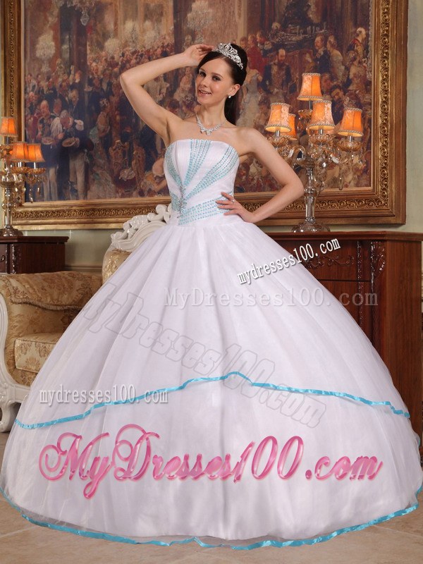 White Strapless Dresses for Quinceaneras with Aqua Blue Hem