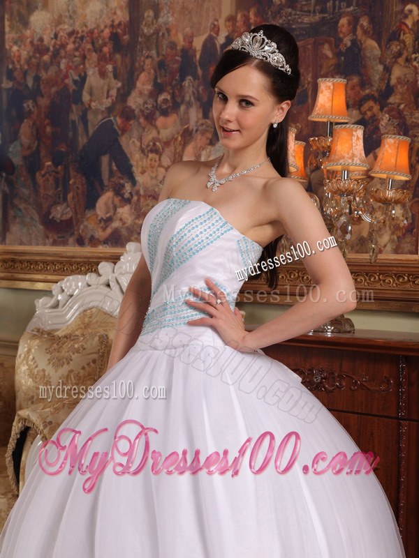 White Strapless Dresses for Quinceaneras with Aqua Blue Hem