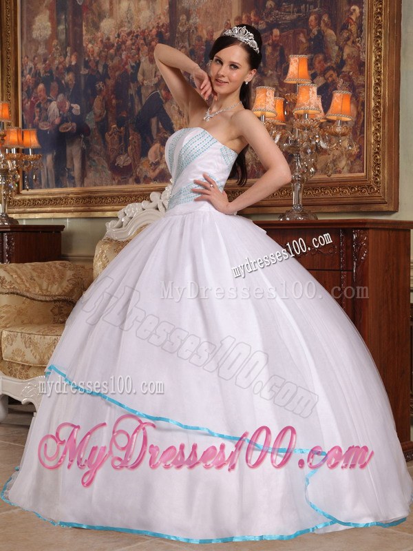 White Strapless Dresses for Quinceaneras with Aqua Blue Hem
