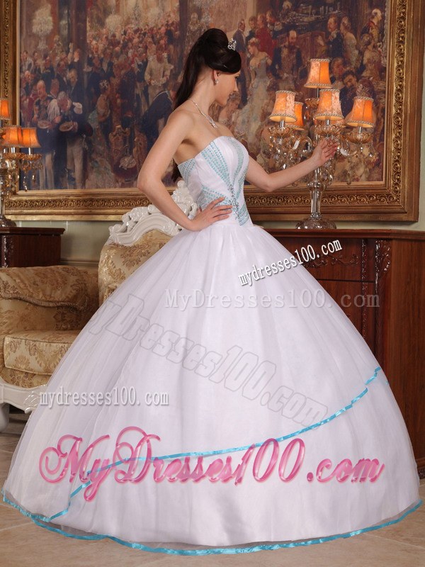 White Strapless Dresses for Quinceaneras with Aqua Blue Hem