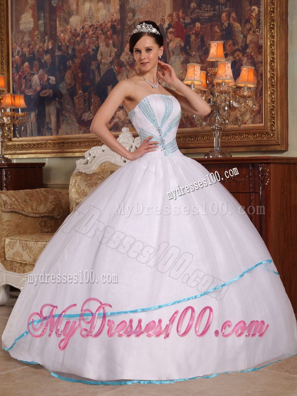 White Strapless Dresses for Quinceaneras with Aqua Blue Hem