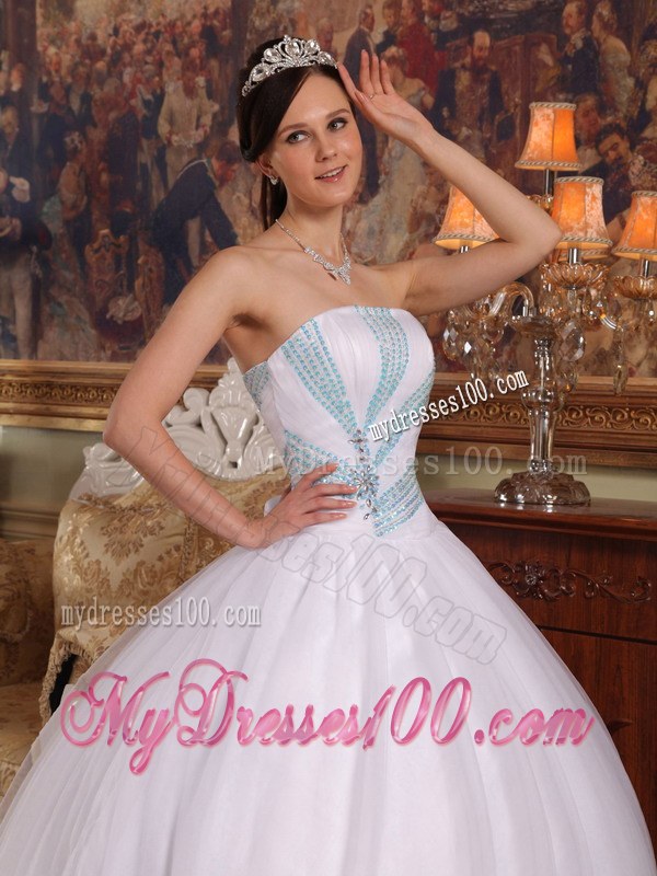 White Strapless Dresses for Quinceaneras with Aqua Blue Hem