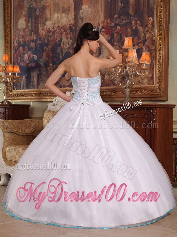 White Strapless Dresses for Quinceaneras with Aqua Blue Hem