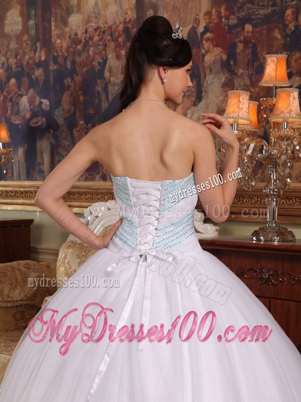 White Strapless Dresses for Quinceaneras with Aqua Blue Hem