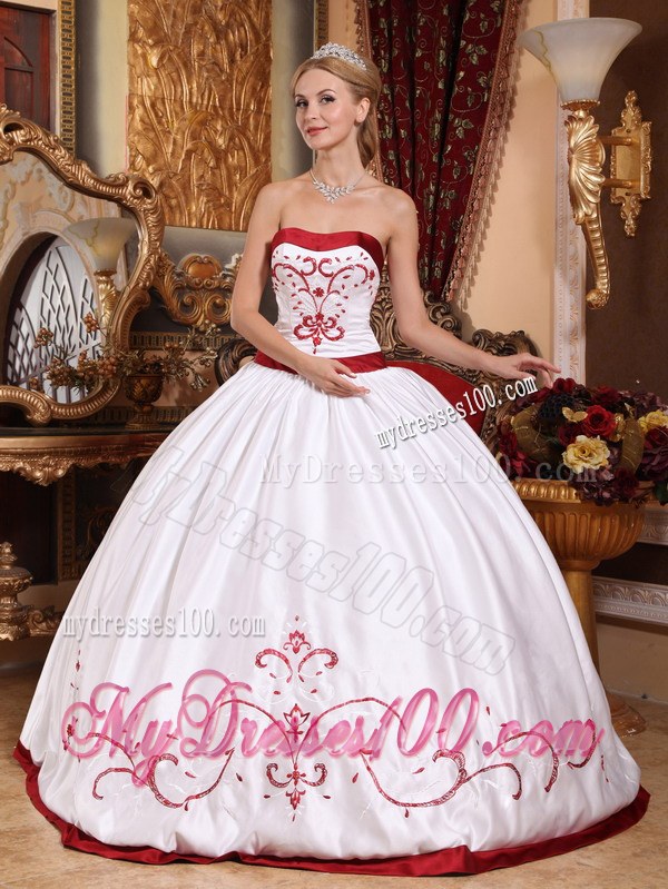 White Quinceneara Dresses with Red Hem Embellished Embroidery