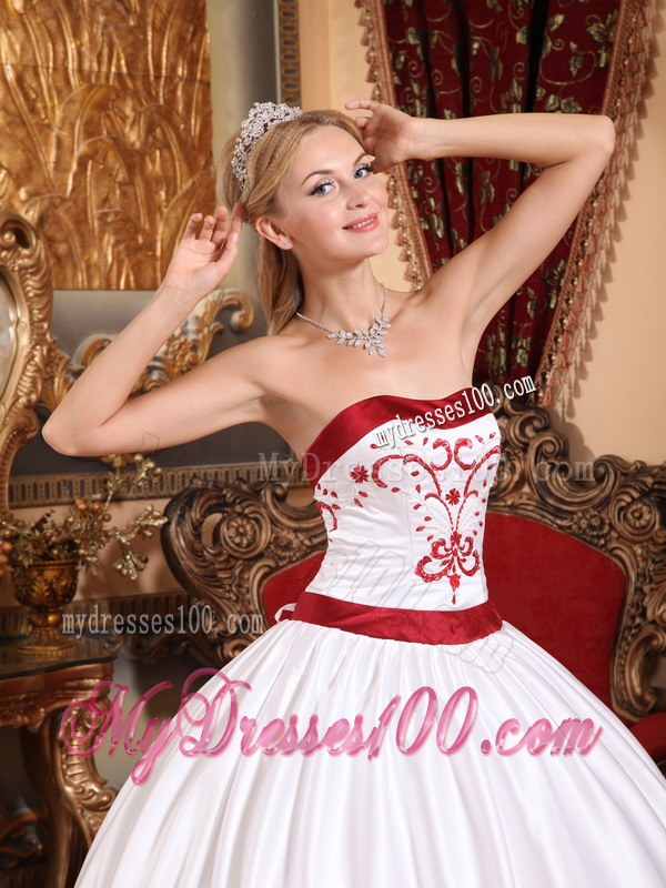 White Quinceneara Dresses with Red Hem Embellished Embroidery