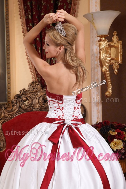 White Quinceneara Dresses with Red Hem Embellished Embroidery
