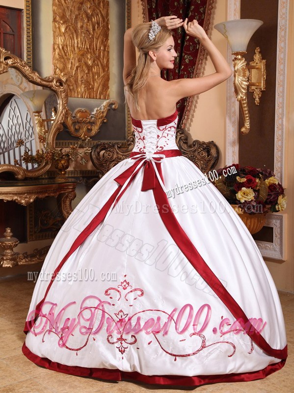 White Quinceneara Dresses with Red Hem Embellished Embroidery