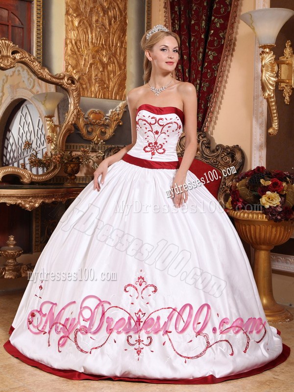 White Quinceneara Dresses with Red Hem Embellished Embroidery