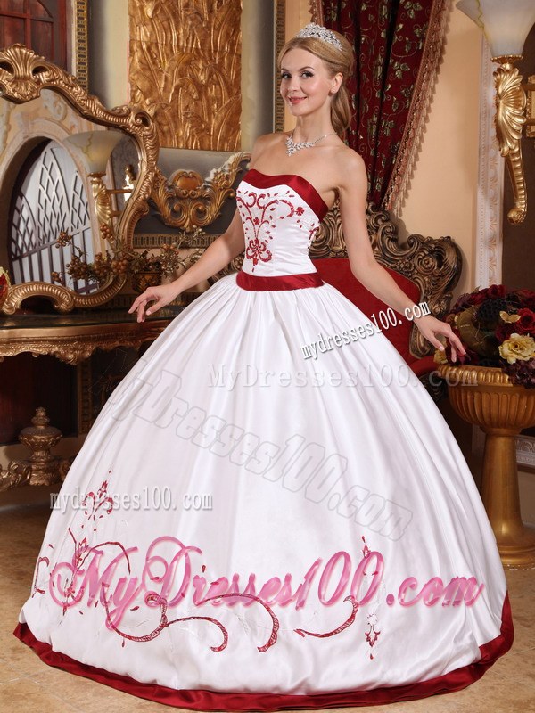White Quinceneara Dresses with Red Hem Embellished Embroidery