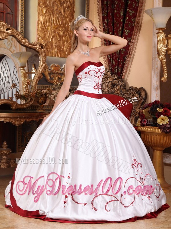 White Quinceneara Dresses with Red Hem Embellished Embroidery