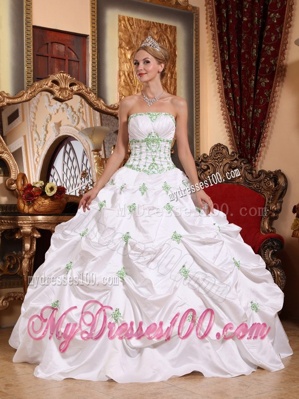 White Ball Gown with Light Green Pick ups Dresses for A Quince