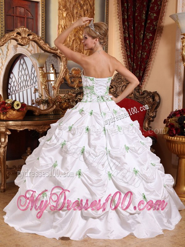 White Ball Gown with Light Green Pick ups Dresses for A Quince