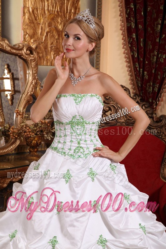 White Ball Gown with Light Green Pick ups Dresses for A Quince