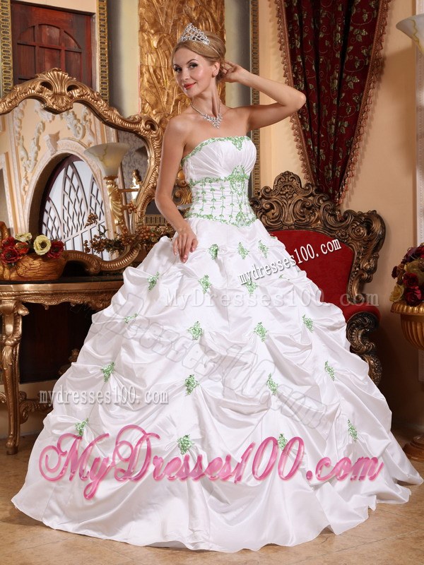 White Ball Gown with Light Green Pick ups Dresses for A Quince