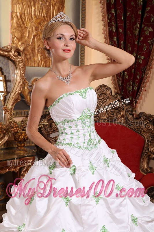 White Ball Gown with Light Green Pick ups Dresses for A Quince