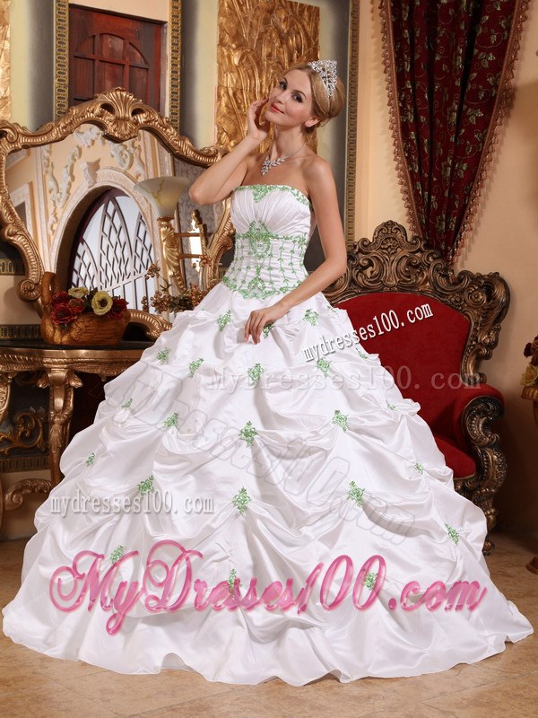 White Ball Gown with Light Green Pick ups Dresses for A Quince