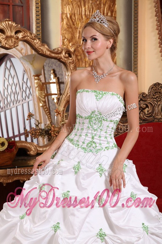 White Ball Gown with Light Green Pick ups Dresses for A Quince