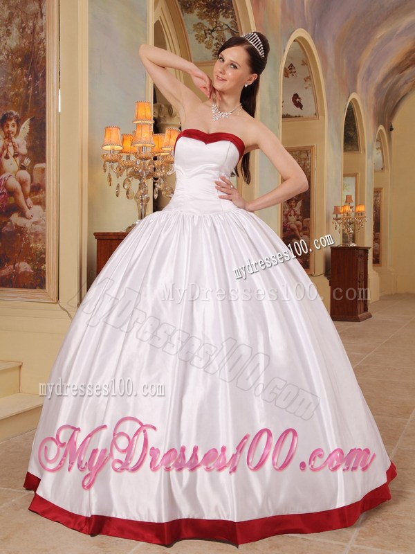 White Ball Gown Quinceneara Dresses with Red Hem and Strapless