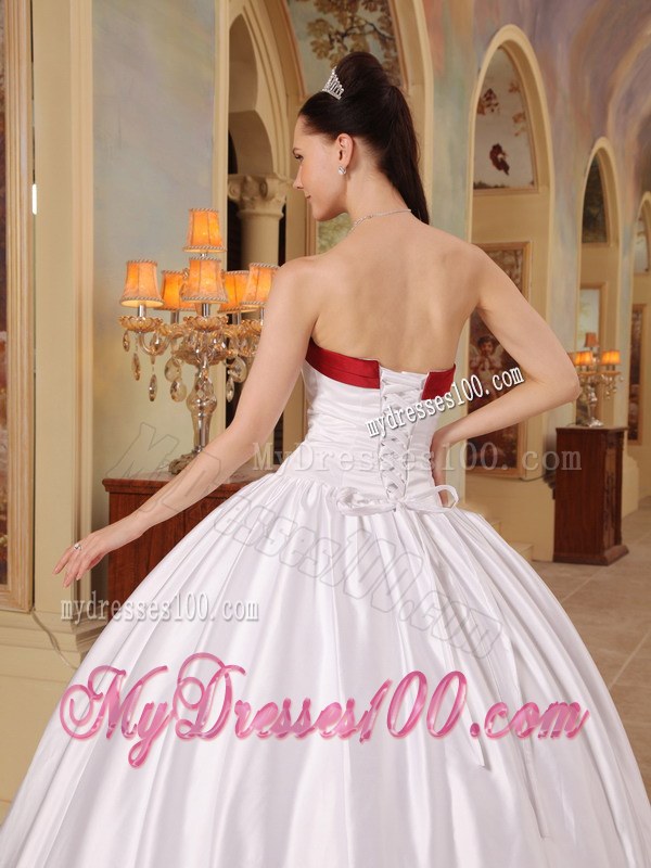 White Ball Gown Quinceneara Dresses with Red Hem and Strapless