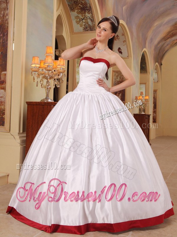 White Ball Gown Quinceneara Dresses with Red Hem and Strapless