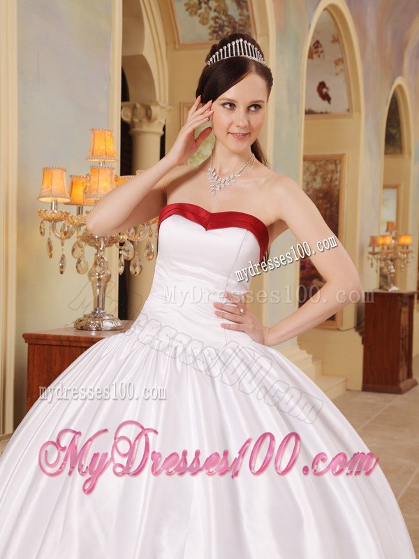 White Ball Gown Quinceneara Dresses with Red Hem and Strapless