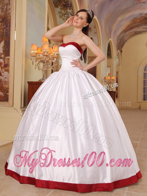 White Ball Gown Quinceneara Dresses with Red Hem and Strapless