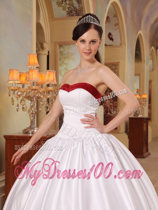 White Ball Gown Quinceneara Dresses with Red Hem and Strapless