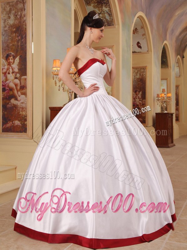 White Ball Gown Quinceneara Dresses with Red Hem and Strapless