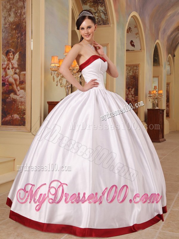 White Ball Gown Quinceneara Dresses with Red Hem and Strapless