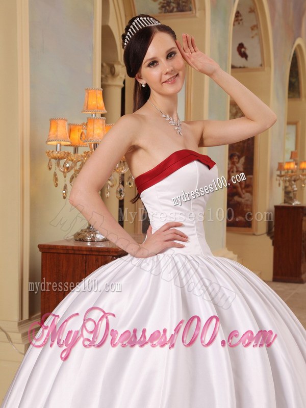 White Ball Gown Quinceneara Dresses with Red Hem and Strapless