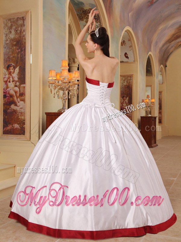 White Ball Gown Quinceneara Dresses with Red Hem and Strapless