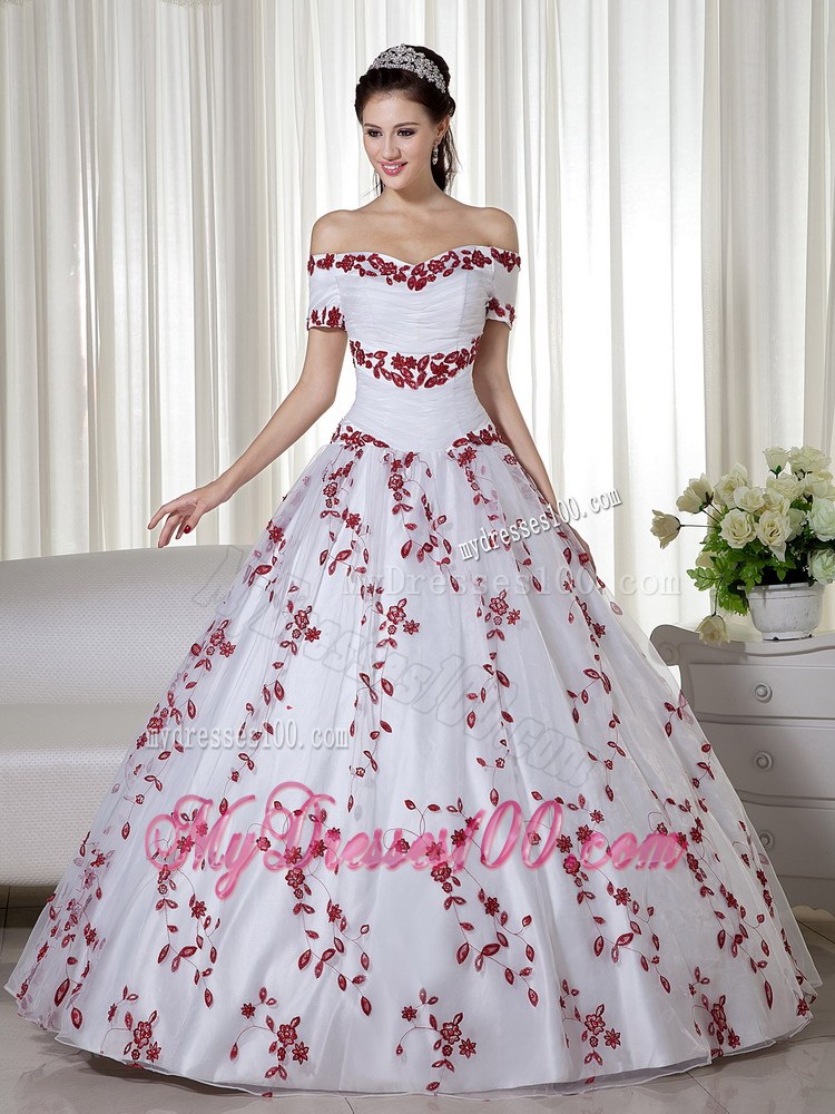 White and Red Off The Shoulder Sweet 16 Quinceanera Dresses