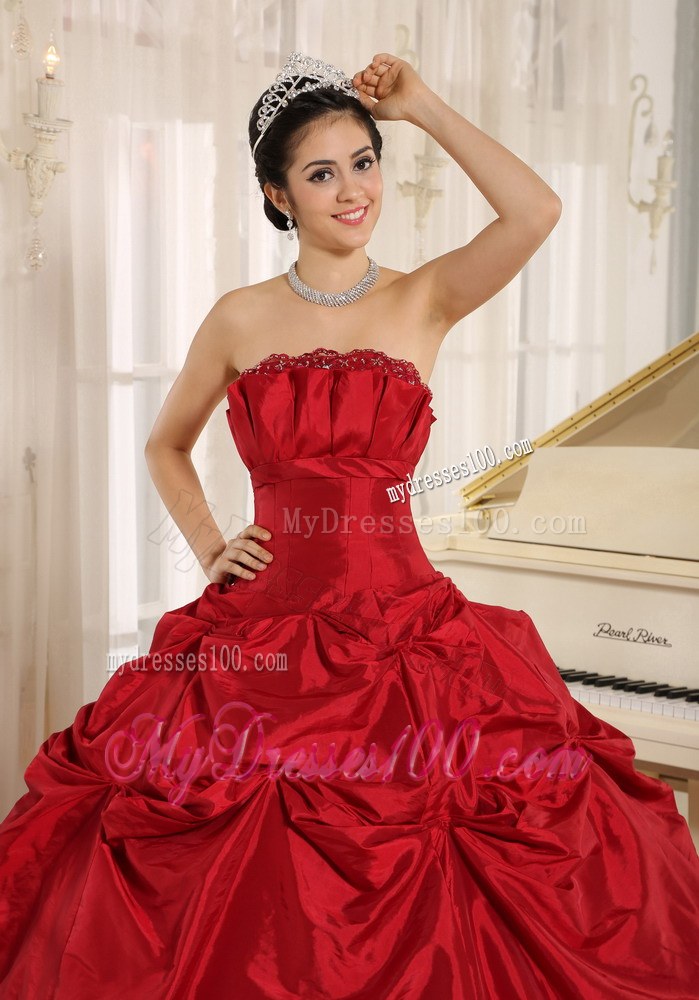 Wine Red Puffy Dresses for A Quinceanera with Pick ups