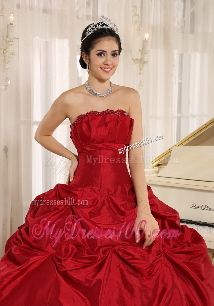 Wine Red Puffy Dresses for A Quinceanera with Pick ups