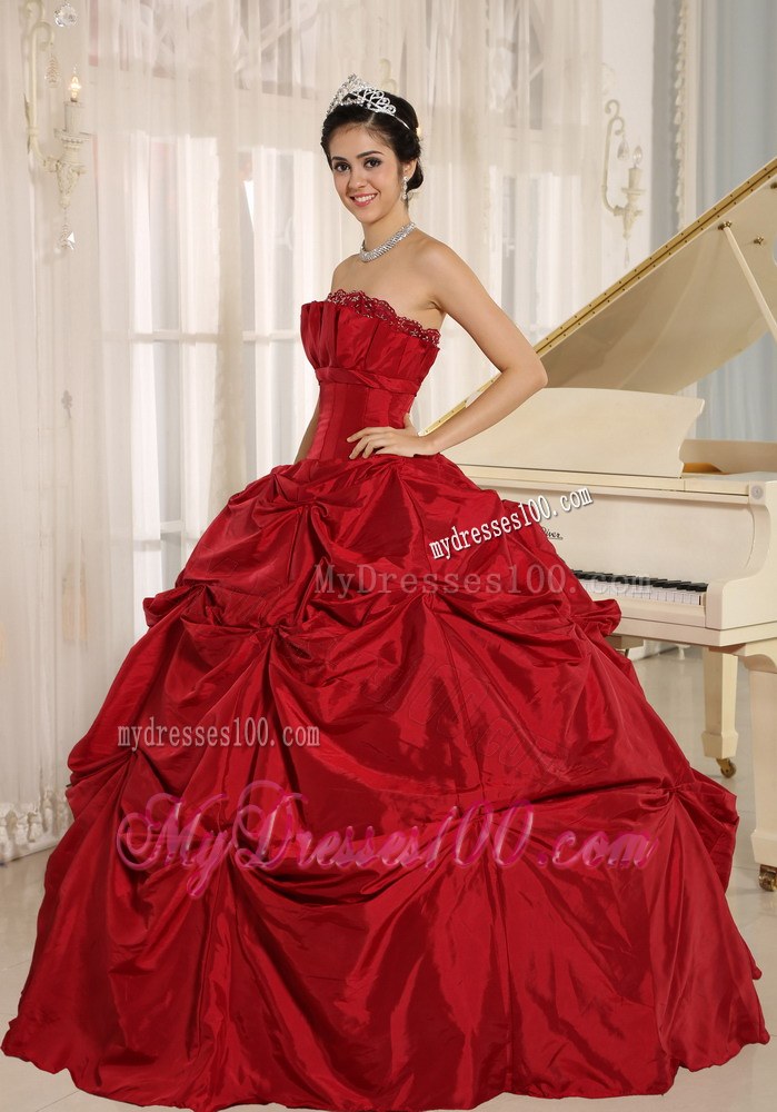 Wine Red Puffy Dresses for A Quinceanera with Pick ups