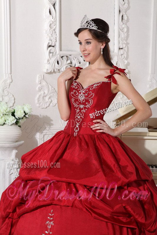 Straps Wine Red Ball Gown for Dresses 15 with Heavy Embroidery