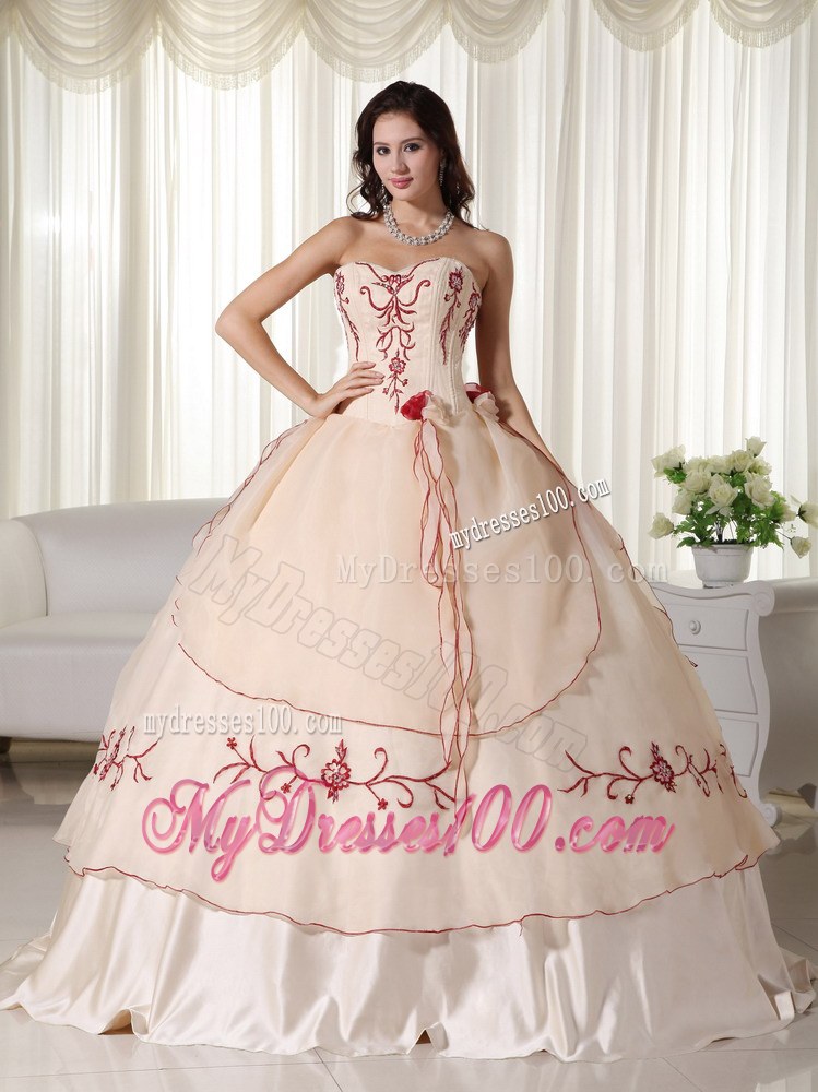 Champagne Quinceanera Dresses Gowns Decorated Red Appliques