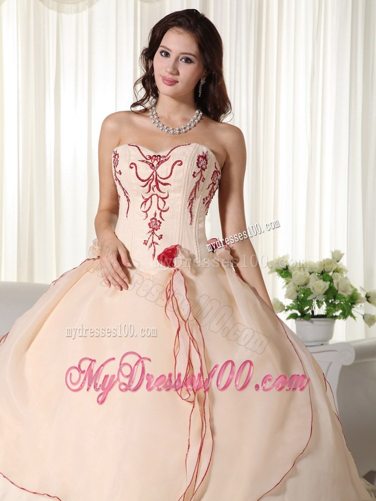 Champagne Quinceanera Dresses Gowns Decorated Red Appliques