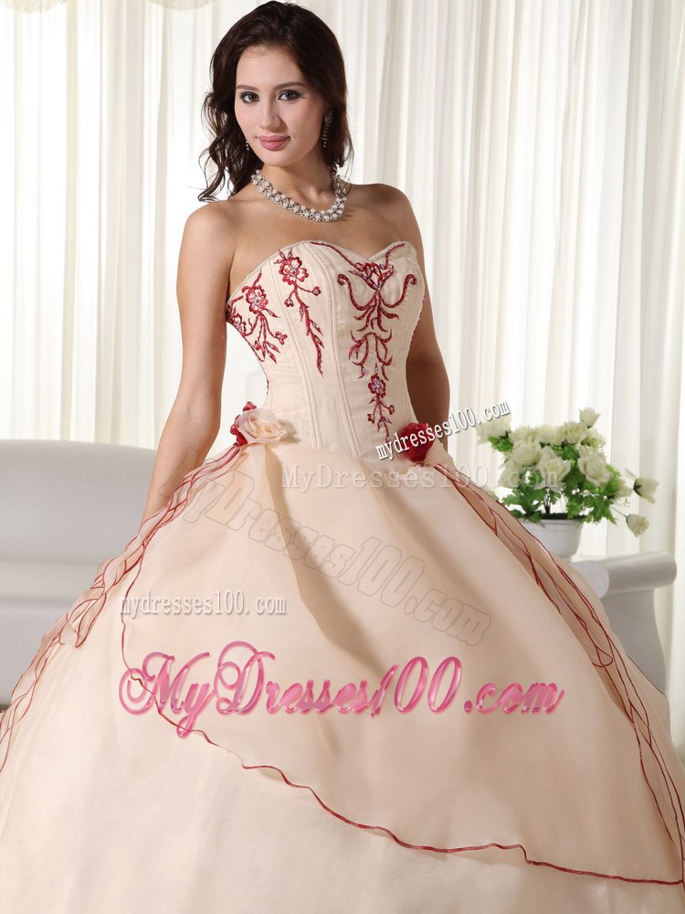 Champagne Quinceanera Dresses Gowns Decorated Red Appliques