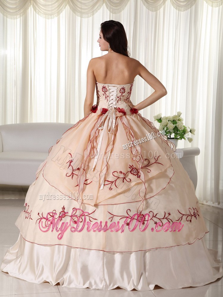 Champagne Quinceanera Dresses Gowns Decorated Red Appliques