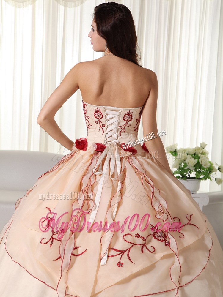 Champagne Quinceanera Dresses Gowns Decorated Red Appliques