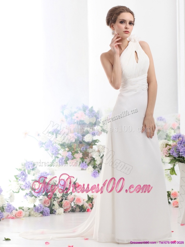 2016 Popular One Shoulder Wedding Dress with Ruching and Hand Made Flowers