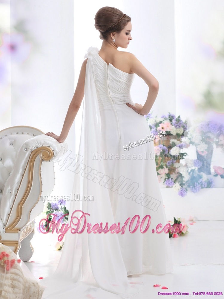 2016 Popular One Shoulder Wedding Dress with Ruching and Hand Made Flowers