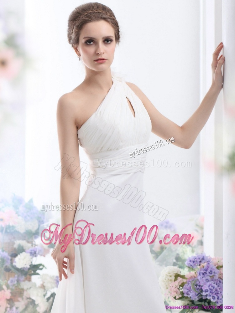 2016 Popular One Shoulder Wedding Dress with Ruching and Hand Made Flowers