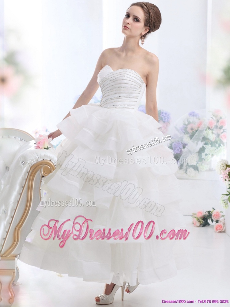2016 Unique White Wedding Dresses with Ruffled Layers and Beading