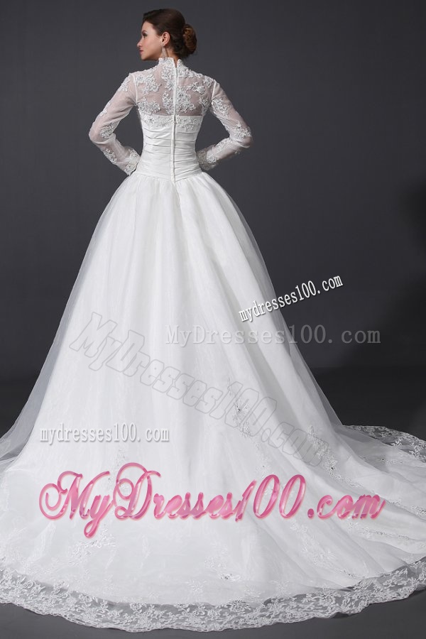 A-Line High Neck Organza Wedding Dress with Chapel Train with Appliques